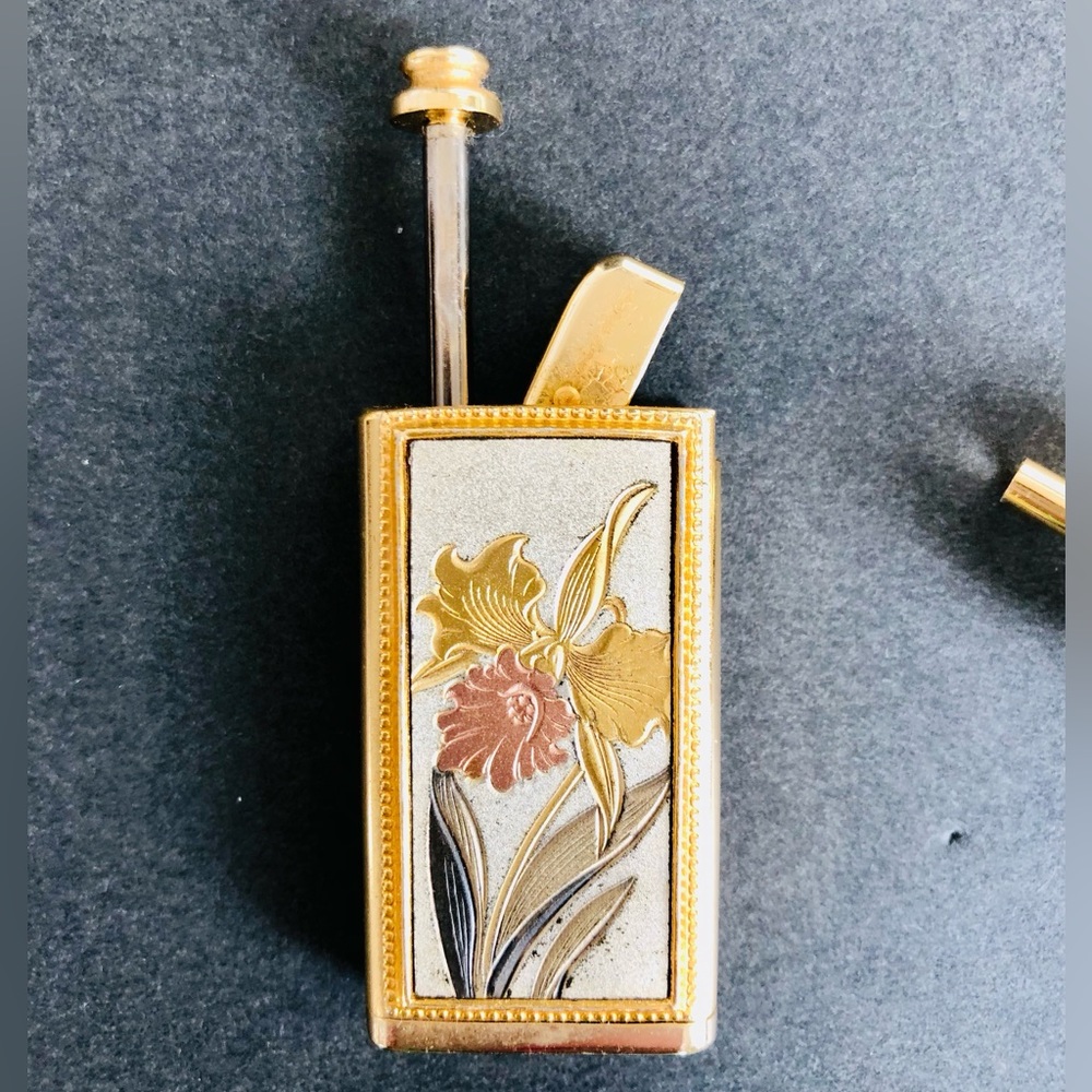 Nacon Vintage PURSE PERFUME SPRAY Etched Orchid Flower Gold Atomizer RARE - Picture 15 of 15